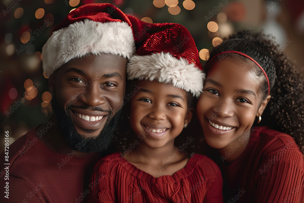 Happy Family Posing in Santa Hats with a Festive Christmas Tree and Holiday Decorations. Happy Family Posing in Santa Hats with a Festive Christmas Tree and Holiday Decorations.