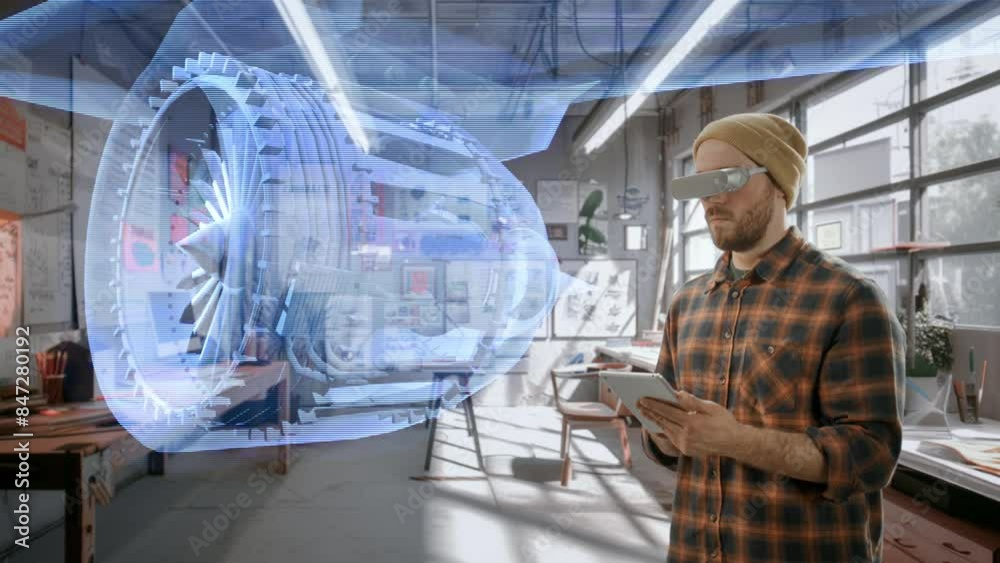 Engineer Using AR to Design Jet Engine Hologram in Modern Industrial Lab Advanced Tech