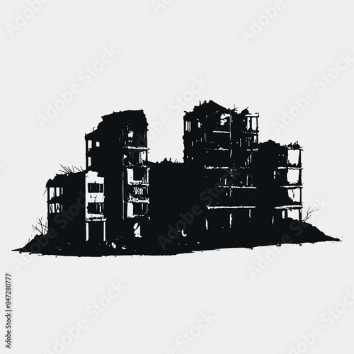 destroyed old building in the city Shilhoutte