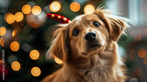 Cute puppy sitting looking at camera Christmas lights, AI Generative.