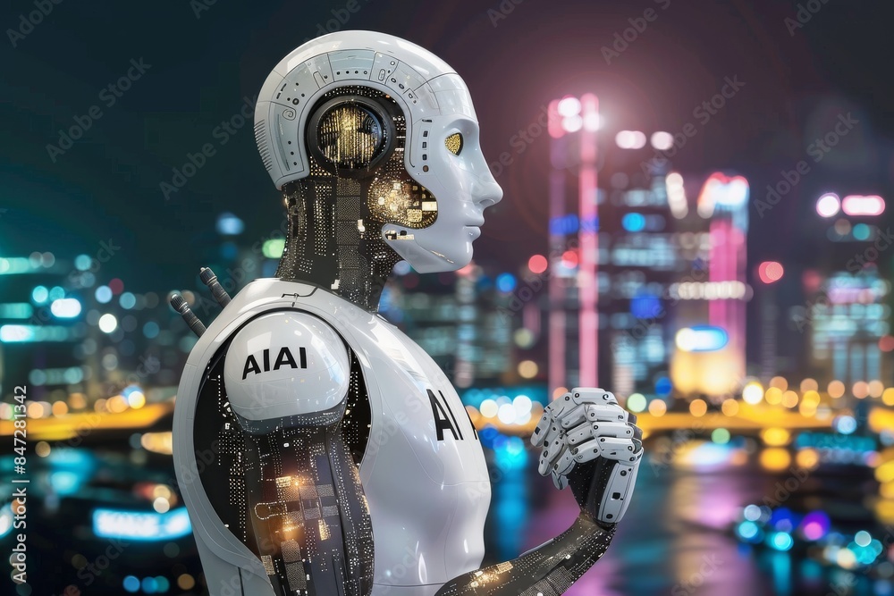 AI Robot with Digital Interface in Futuristic City AI Robot with Digital Interface in Futuristic City