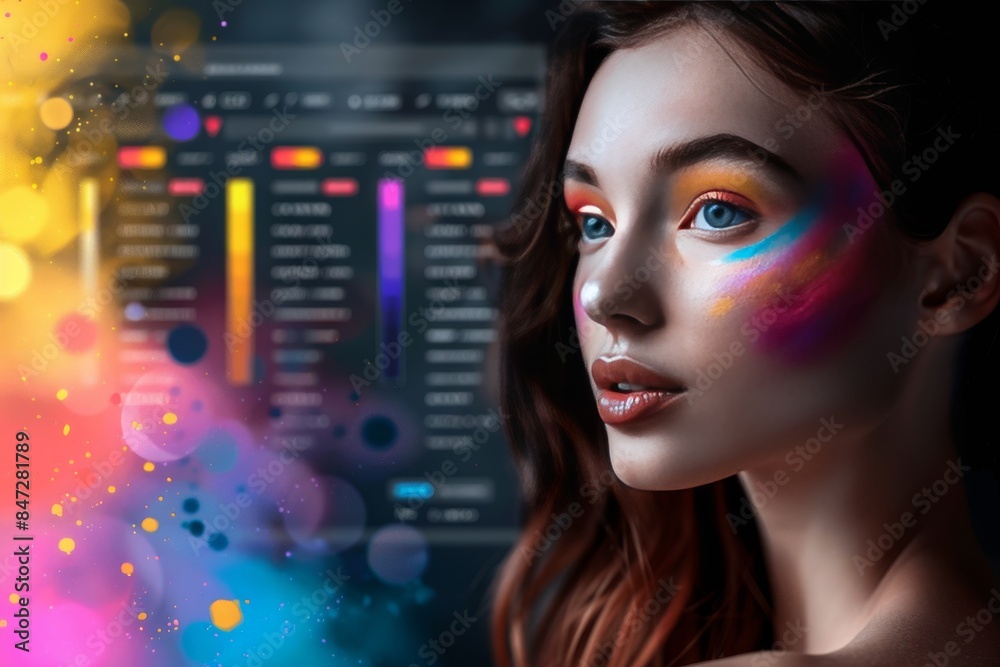 Woman with AI Digital Face Paint in Futuristic Setting