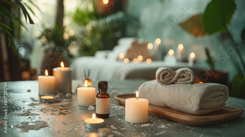 A serene spa setting with candles, essential oils, and a massage table, promoting relaxation