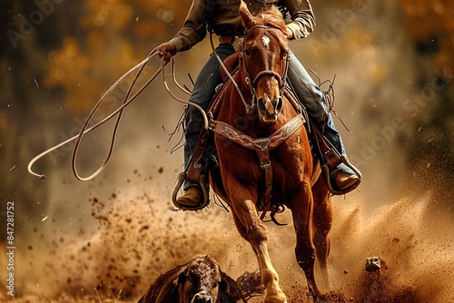 This image captures a professional photo of a cowboy lassoing a calf at full speed while on horseback, showcasing the intensity and precision of the moment. Both the horse and calf are in motion photo