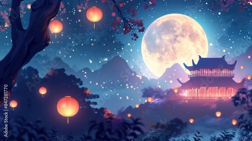 A painting of a pagoda with a full moon in the background. Generative AI