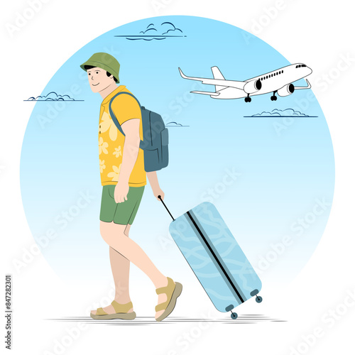 Man with suitcase and backpack goes to the airport. Travel concept. Fly away on vacation. Isolated stylized illustration. Aircraft and clouds on background.