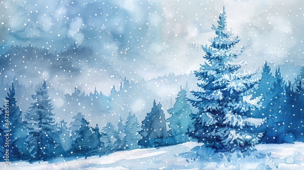 Christmas Greetings Watercolor Winter Scene with Pine Tree Christmas Greetings Watercolor Winter Scene with Pine Tree