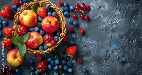 Red Apples, Blueberries, and Strawberries in a Wicker Basket on a Blue Background