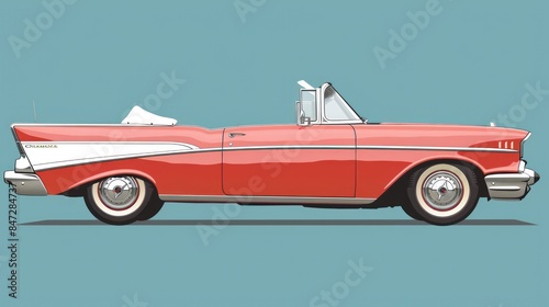 A detailed digital illustration of a classic convertible car in red and white, depicted in profile against a solid color background photo