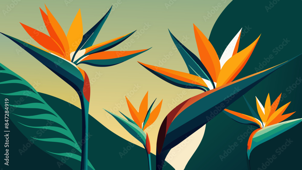 Multiple bird of paradise flowers with orange and yellow petals, green leaves, and a gradient background, showcasing tropical botanical beauty and modern design Multiple bird of paradise flowers with orange and yellow petals, green leaves, and a gradient background, showcasing tropical botanical beauty and modern design