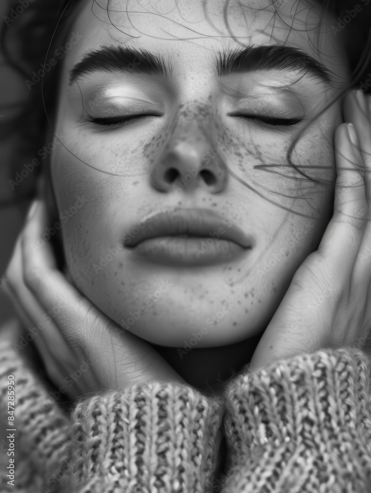 Close-Up Portrait of a Young Woman in Cozy Sweater, Daydreaming Close-Up Portrait of a Young Woman in Cozy Sweater, Daydreaming