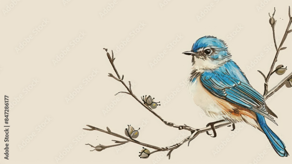 Obraz premium A hand-drawn illustration of a charming blue bird perched gracefully on a leafless branch with budding leaves