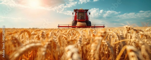 A harvester working in the wheat field