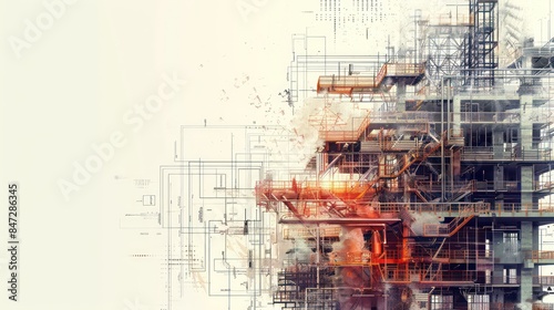 Illustration digital building construction engineering with double exposure graphic design. Building engineers, architect people or construction workers working with modern civil equipment technology © Ibad