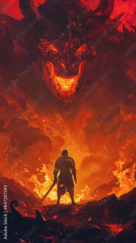 Fototapeta premium Knight with a sword facing the lava demon in hell, digital art style, illustration painting
