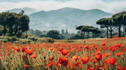 Spectacular panorama of mist covered lush green meadow adorned with vivid blooming poppies photo