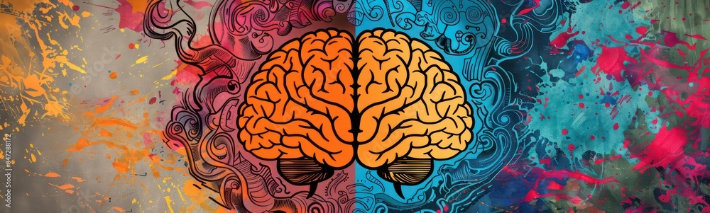 Left right human brain concept, textured illustration. Creative left and right part of human brain, emotional and logic parts concept with social and business doodle illustration of left side, and art