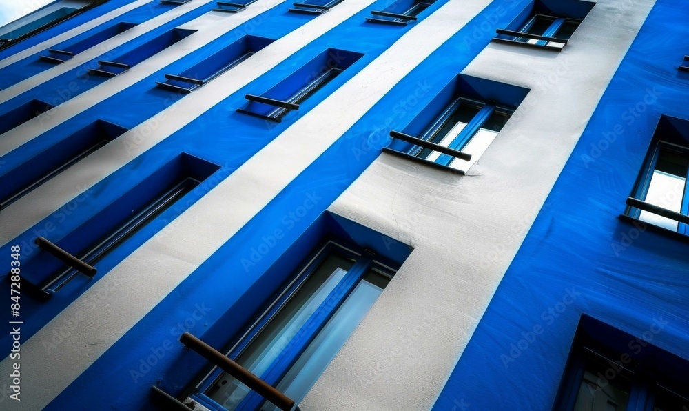 Fototapeta premium Blue and white striped building. AI.