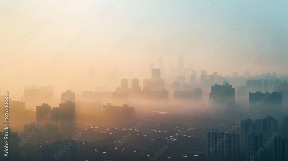 Foto de A dense urban skyline obscured by a thick layer of smog and ...