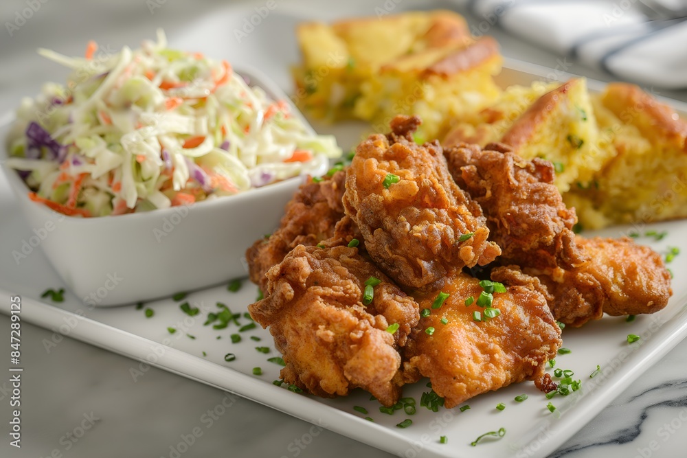 Close-Up Delicious Platter Of Southern Fried Chicken With Coleslaw And Cornbread In Food Restaurant Interior, Fried Chicken Food Photography, Food Menu Style Photo Image Close-Up Delicious Platter Of Southern Fried Chicken With Coleslaw And Cornbread In Food Restaurant Interior, Fried Chicken Food Photography, Food Menu Style Photo Image