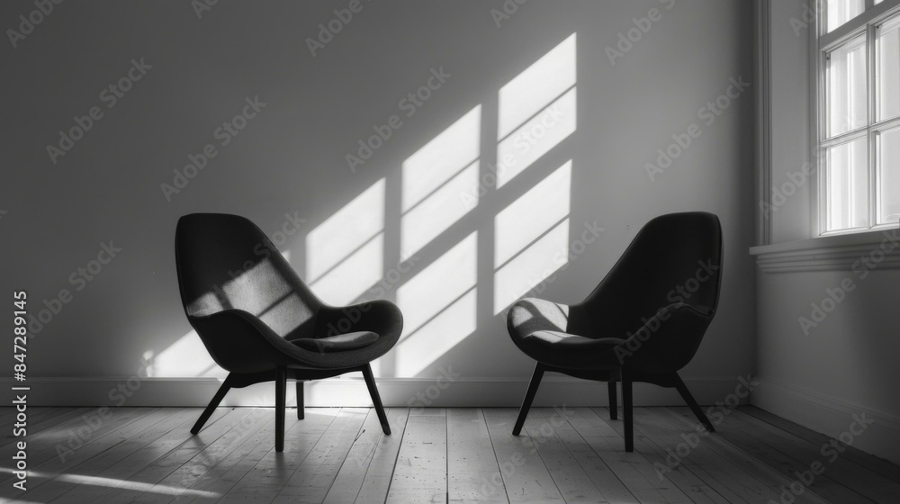Two chairs sit in a room with sunlight shining through the window. AI. Two chairs sit in a room with sunlight shining through the window. AI.