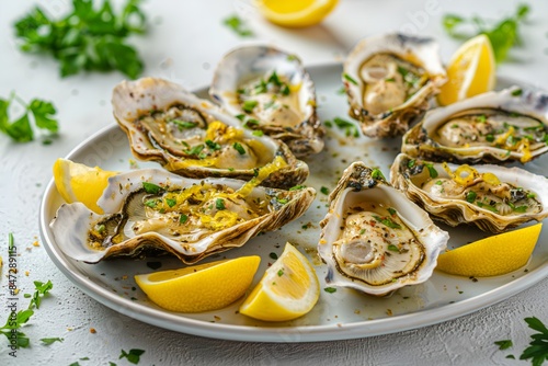 Close-Up Delicious Platter Of Oysters On The Half Shell With Lemon Wedges And Mignonette Sauce In Food Restaurant Interior, Food Photography, Food Menu Style Photo Image photo