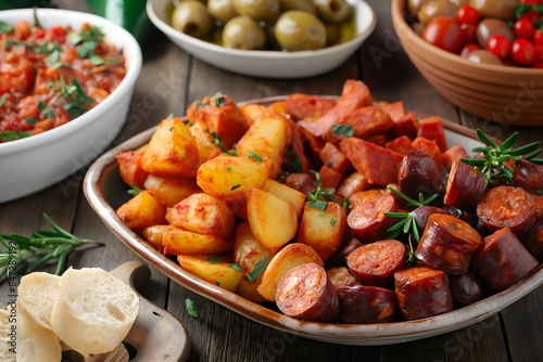Close-Up Platter Of Spanish Tapas Including Patatas Bravas, Chorizo, And Olives In Food Restaurant Interior, Food Photography, Food Menu Style Photo Image