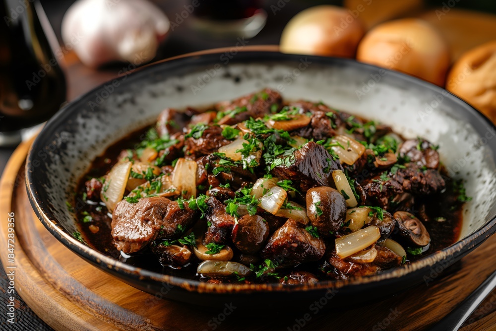 Close-Up Delicious Rich Beef Bourguignon With Mushrooms, Onions, And Red Wine Sauce In Food Restaurant Interior, Food Photography, Food Menu Style Photo Image Close-Up Delicious Rich Beef Bourguignon With Mushrooms, Onions, And Red Wine Sauce In Food Restaurant Interior, Food Photography, Food Menu Style Photo Image