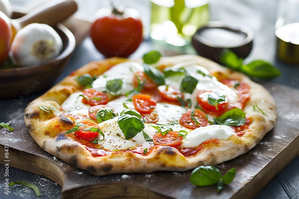 Close-Up Of A Rustic Italian Pizza With Fresh Mozzarella, Basil, And Cherry Tomatoes In Food Restaurant Interior, Pizza Food Photography, Food Menu Style Photo Image Close-Up Of A Rustic Italian Pizza With Fresh Mozzarella, Basil, And Cherry Tomatoes In Food Restaurant Interior, Pizza Food Photography, Food Menu Style Photo Image
