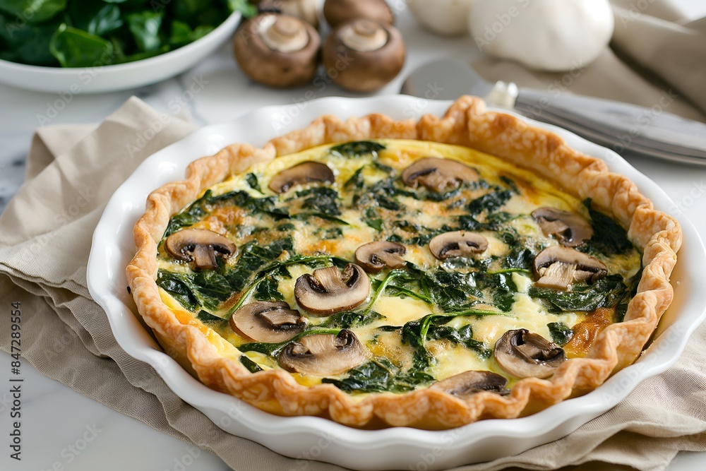 Close-Up Delicious Savory Quiche With Spinach, Mushrooms, And Swiss Cheese In Food Restaurant Interior, Food Photography, Food Menu Style Photo Image Close-Up Delicious Savory Quiche With Spinach, Mushrooms, And Swiss Cheese In Food Restaurant Interior, Food Photography, Food Menu Style Photo Image