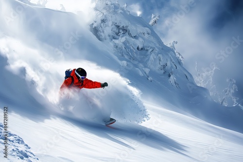 Snowboarder Carving Through Powder on a Snowy Mountain