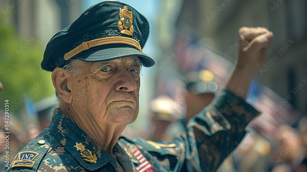 This image depicts a war veteran participating in a Memorial Day parade, where their presence commands respect and admiration from the crowd. The veteran's dignified demeanor This image depicts a war veteran participating in a Memorial Day parade, where their presence commands respect and admiration from the crowd. The veteran's dignified demeanor