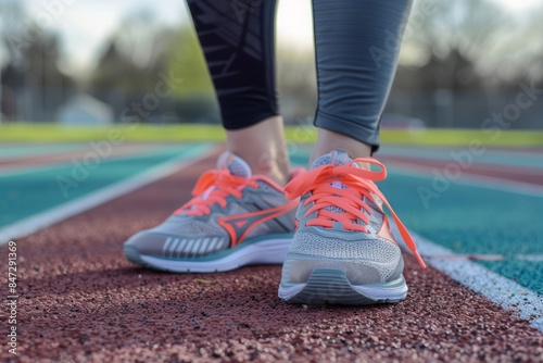 A pair of women's athletic shoes on a track field, with the woman preparing for a run. 