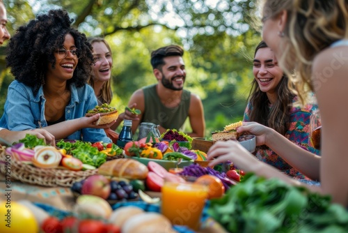 Fototapeta Naklejka Na Ścianę i Meble -  group of young happy diverse friends having fun at vegan picnic in summer park on sunny day