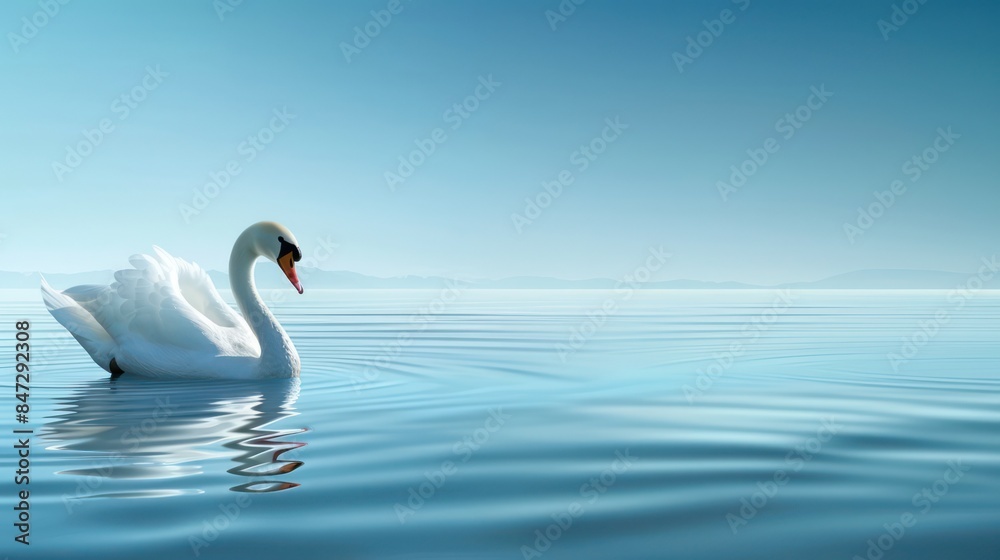 Fototapeta premium A graceful swan floats on a serene blue lake, with a clear sky and distant mountains forming a calming backdrop