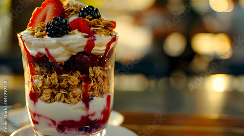 A close-up shot of a gourmet fast food yogurt parfait, highlighting the layers of yogurt, fruit, and granola