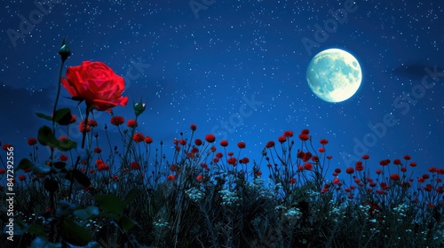 Fototapeta Naklejka Na Ścianę i Meble -  A vivid image of a single red rose standing out amongst wildflowers under a starlit sky with a full moon shining brightly
