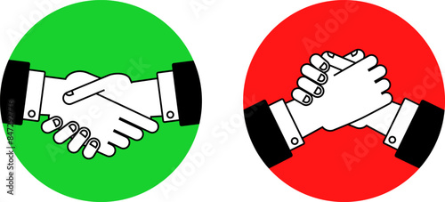 Handshake and arm wrestling vector icons set in simple flat style. Red and green colors. Cooperation and competition business concept.