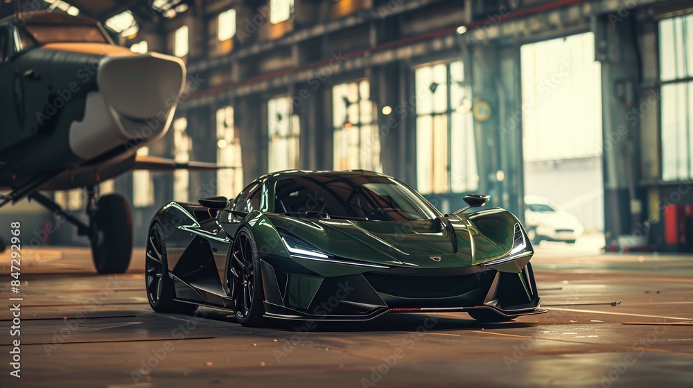 Dark supercar in front of an airplane in a hangar Dark supercar in front of an airplane in a hangar