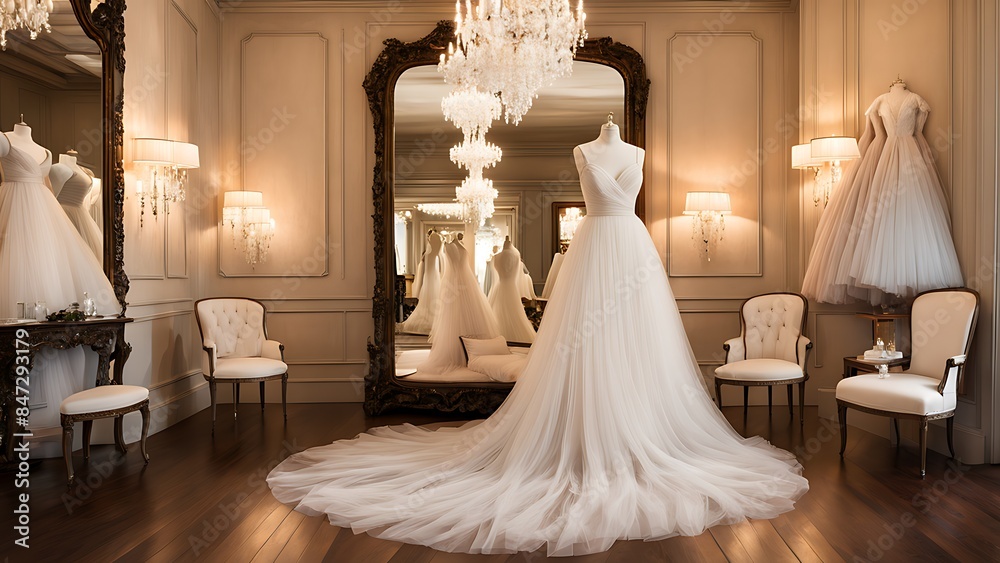 A beautiful, stylish wedding dress or bridal dress hanging on a mannequin in a luxury boutique. Fashion look. Interior of bridal salon design. A beautiful, stylish wedding dress or bridal dress hanging on a mannequin in a luxury boutique. Fashion look. Interior of bridal salon design.