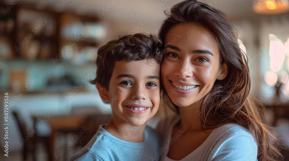 Young Latin Mother Standing Proudly Beside Her Smiling 7-Year-Old Son in a Modest Kitchen. Copy space