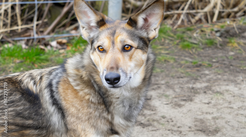 A mixed breed dog with gray and brown fur, large ears