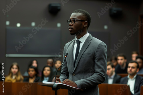 African-american lawyer wearing gray suit, presenting allegation case lawsuit in a modern court photo
