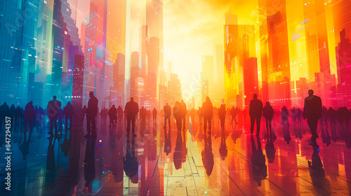 Illustration of a Thriving Community of People Commuting in a Futuristic Urban Setting with a Colorful Backdrop