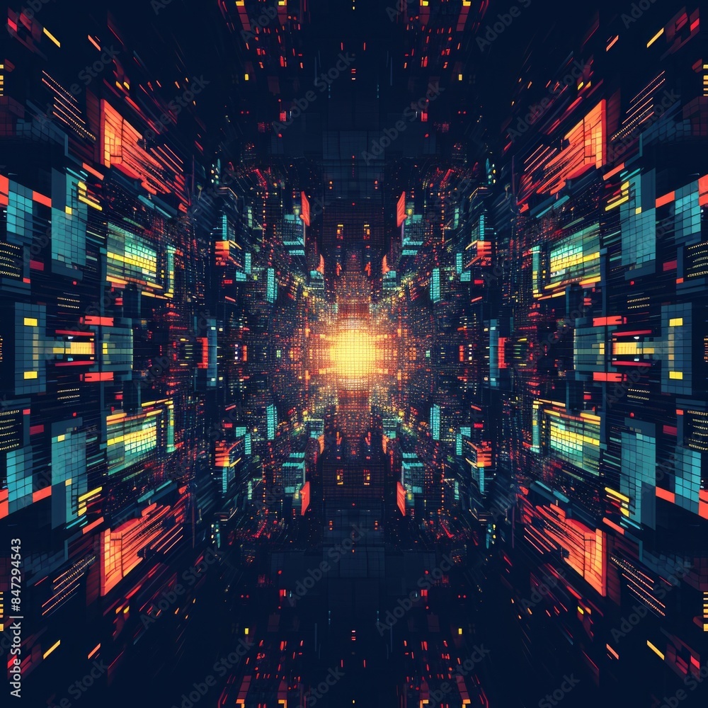 Obraz premium Dark Seamless pattern of blue, purple, and yellow lights on a black background with glitch effect