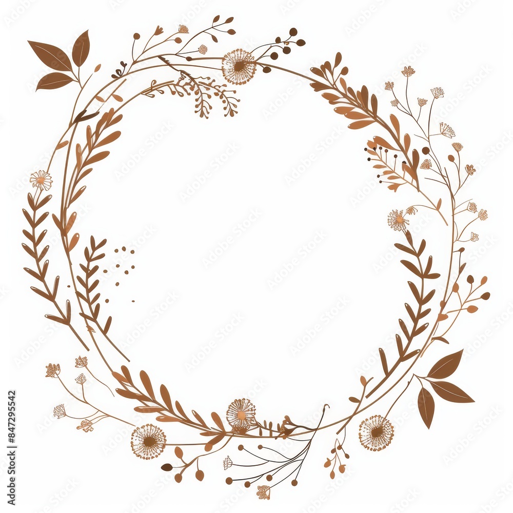 Simple flat vector geometric wreath with plants and flowers Simple flat vector geometric wreath with plants and flowers
