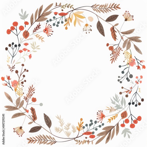 Simple flat vector geometric wreath with plants and flowers 