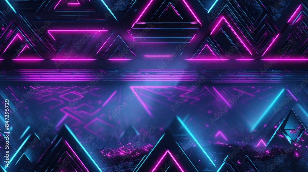 Obraz premium A tropical paradise scene with glowing neon palm leaves on a purple backdrop.
