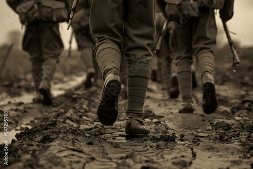 A platoon of soldiers marching in perfect formation, their footsteps echoing across the battlefield.


 photo