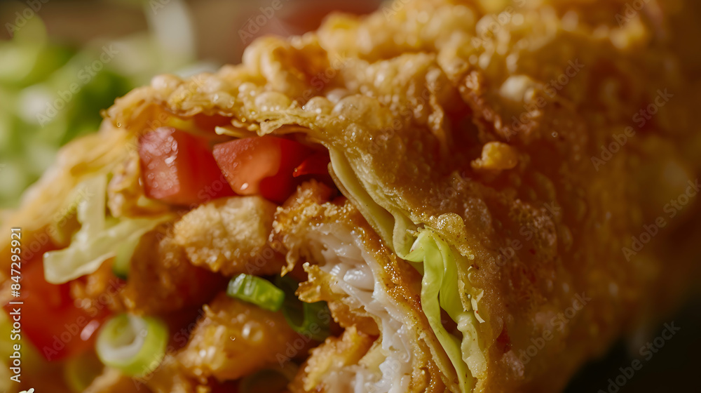 A close-up shot of a gourmet fast food egg roll, highlighting the crispy wrapping and savory filling A close-up shot of a gourmet fast food egg roll, highlighting the crispy wrapping and savory filling